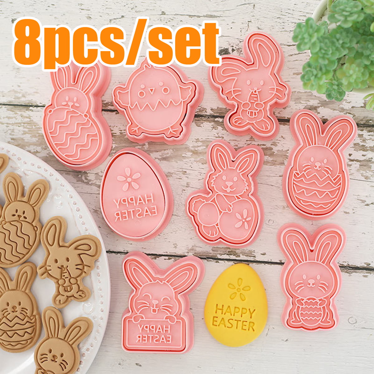 Travelwant 8pcs/set Easter Cookie Cutters 3D Embossing Cookie Stamper Plastic Biscuit Molds Rabbit Bunny Egg Butterfly Basket Stamps for DIY Cake