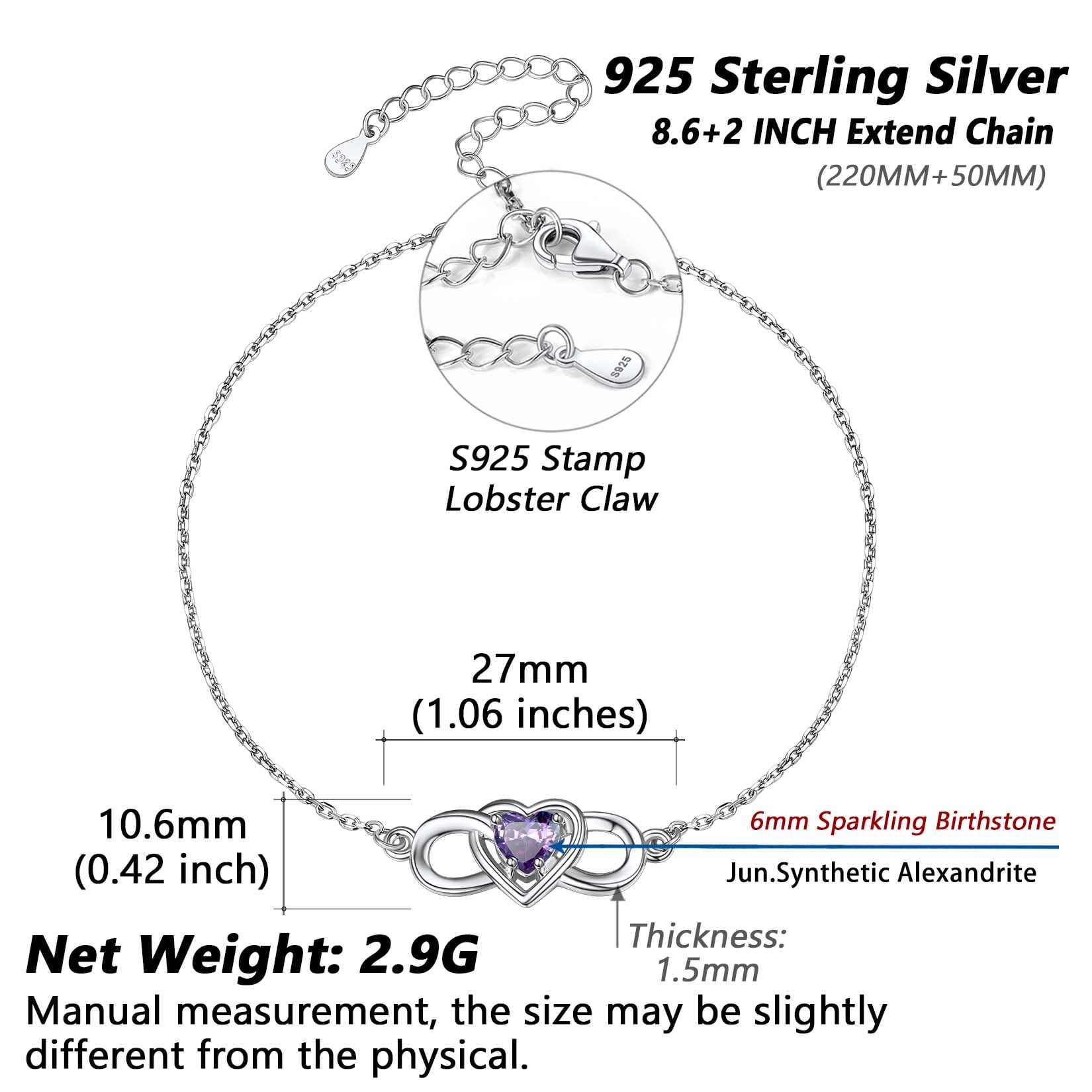 Silvora Sterling Silver Ankle Bracelet Women June Heart Birthstone Infinity Anklets Summer Beach Jewelry Gift for Wife Mother Daughter