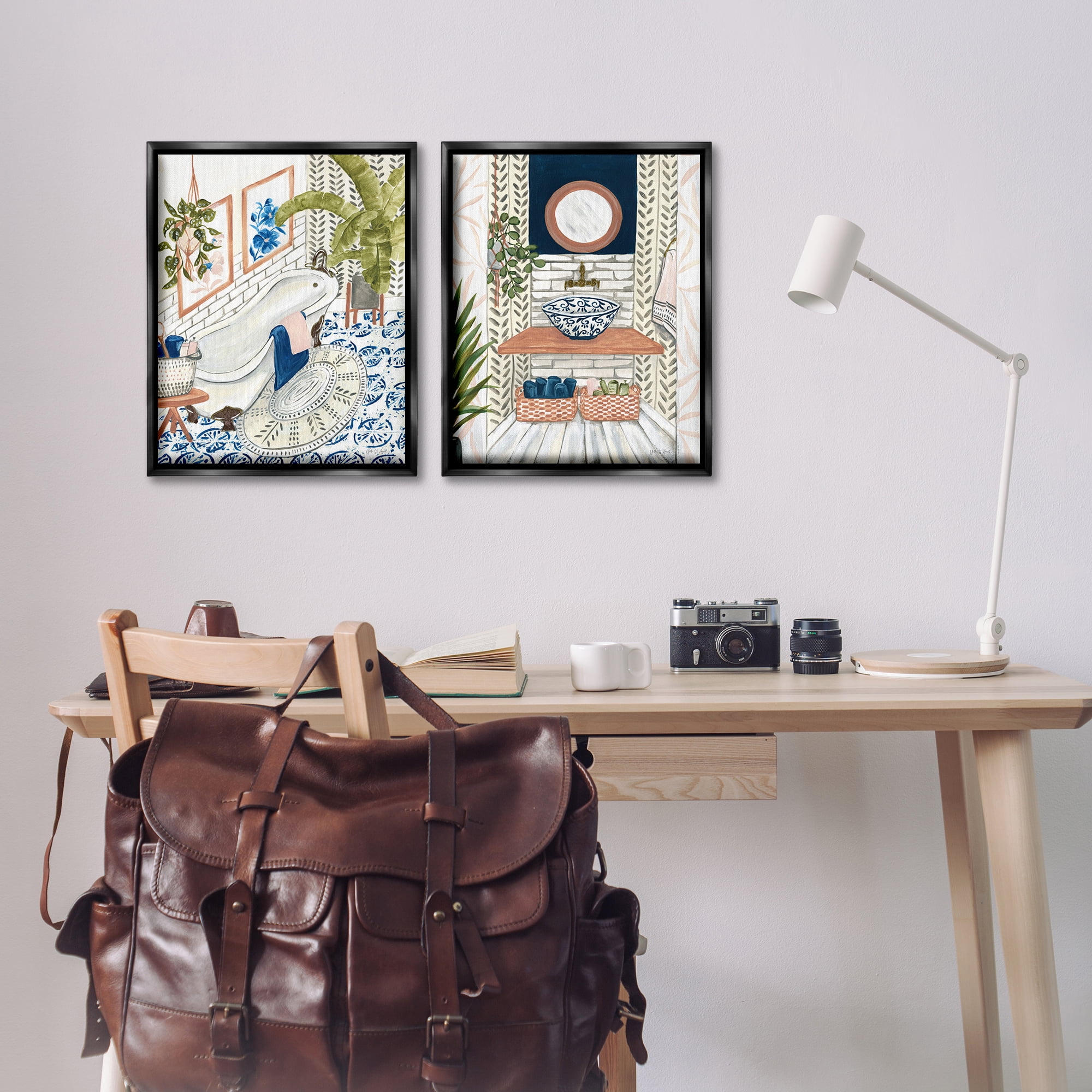 Stupell Industries Boho Chic Bathroom Bath & Laundry Painting Black Floater Framed Canvas Art Print Wall Art, 17 x 21, Set of 2