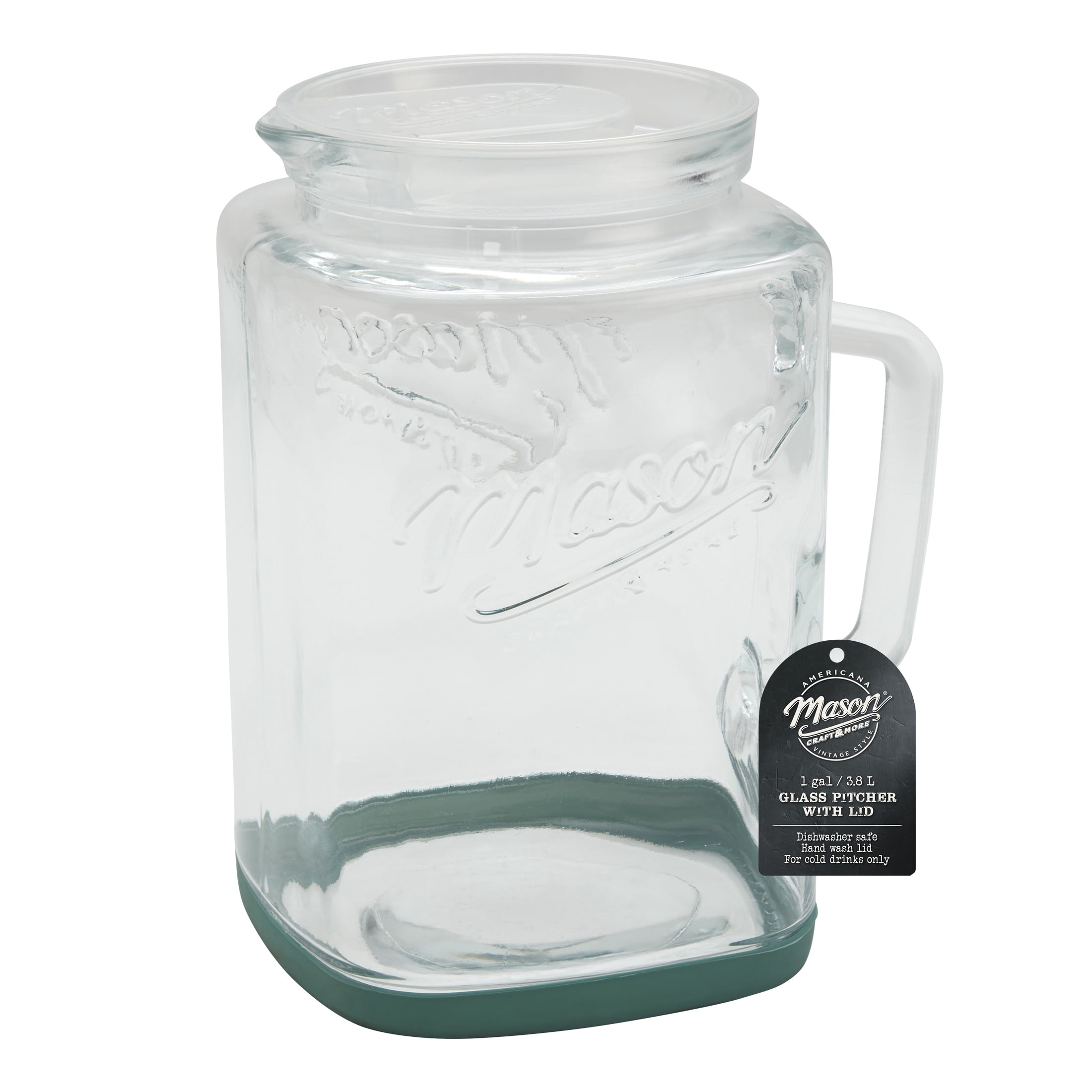 Mason Craft & More Glass 1 Gallon Pitcher with Removable Plastic Lid and Silicone Base, Sage, Useful for Serving Chilled Drinks