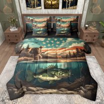 Homewish Female Men Women Big Bass Fish Bedding Comforter Set 7 Pieces,Fishing And Hunting Full Bedding Set Lightweight,Abstract Vintage US Flag Fitted Sheet Flat Sheet,Breathable Home Decor