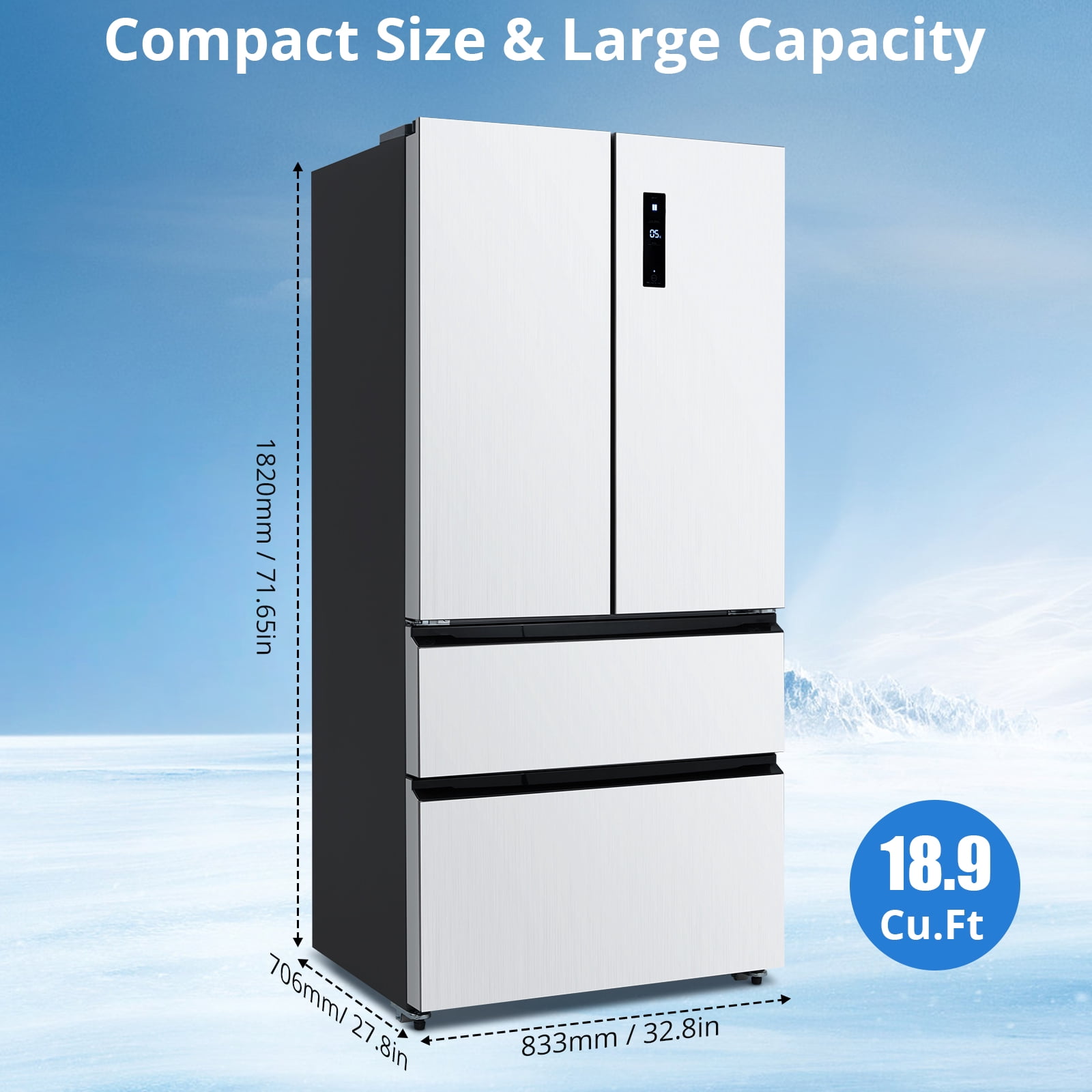 2025 New 18.75 Cu.ft French Door Refrigerator, 33 Inch Large Capacity Stainless Steel Fridge, Full Size Bottom Freezer Frost-free Counter Depth Fridge, with 2 Doors & 2 Drawers