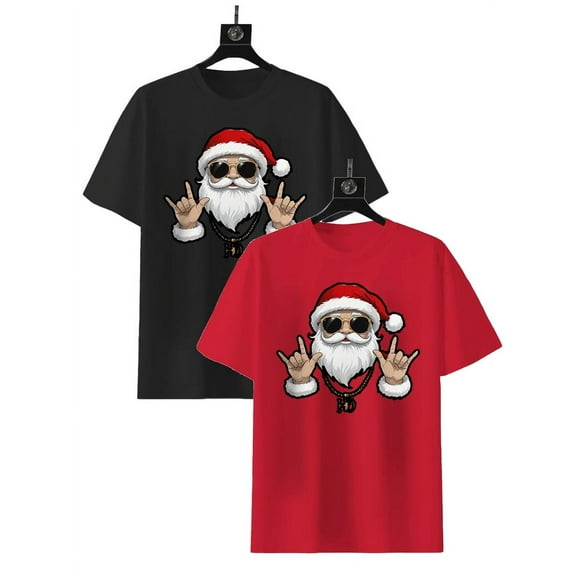 2 Pack Cotton T-Shirt for Men Graphic Tees For Men Santa Claus Printed Boys T-Shirt Funny Shirt Black,Red XL