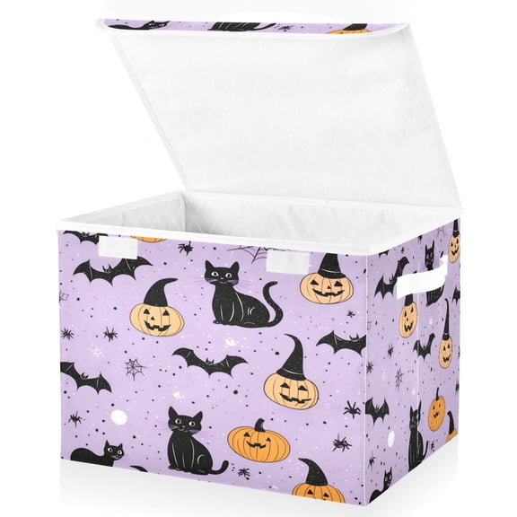 Yayeee Collapsible Cube Storage Bin with Lid Fabric Closet Decorative Basket with Handles, Light Purple Halloween Black Cat