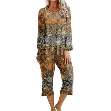 

REORIAFEE Vacation Outfits for Women 2 Piece Set Womens Two Piece Outfits Running Yoga Sport Halloween Print Two Piece Comfortable Home Pajamas Set Sports Set Orange S