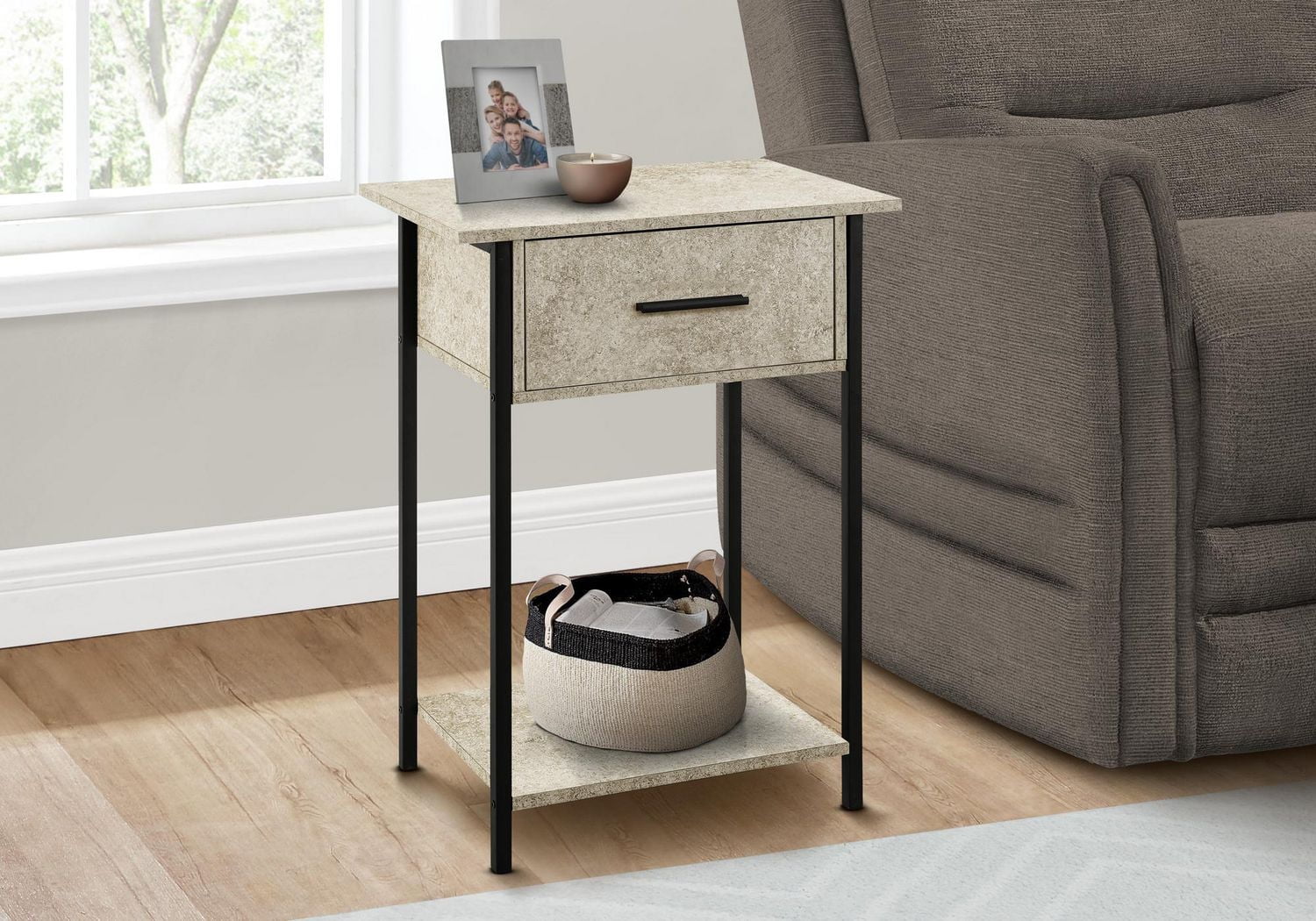 Monarch Specialties Accent Table, 2 Tier, End, Lamp, Living Room, Side Table, Storage Drawer, Small, Dark Bronze Laminate, Black Metal, Contemporary