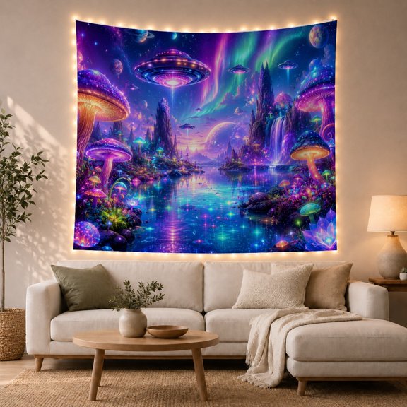 Mountain Lake Fantastical with Alien Neon Calm Body, Mystical Fantasy for Space Lovers, Galaxy Room Decor, Graduation Gift, Tapestry Wall Hanging for Bedroom and Dorm