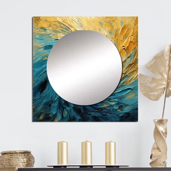Designart "Gilded Whirlpool Waves Painting II" Abstract Spirals Square Mirror For Wall Decor - Large Gold Square Mirror Printed Wall Decor - Transitional Square Living Room Mirror