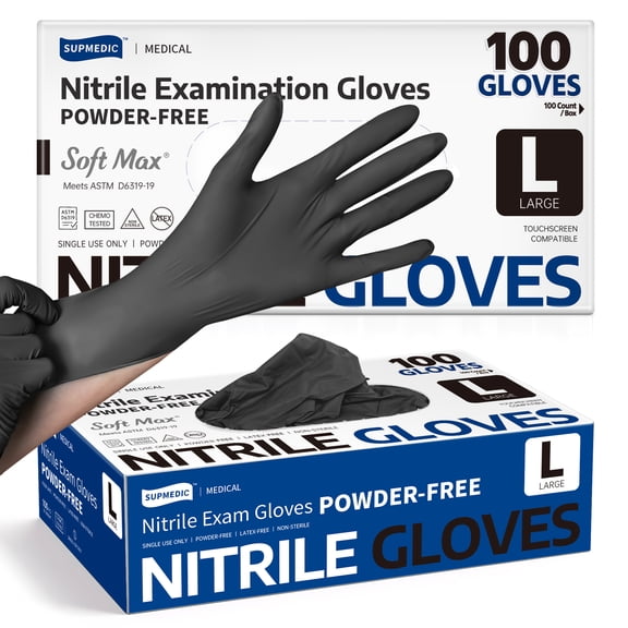 Supmedic Nitrile Exam Gloves, 3.5 mil Black Disposable Medical Glove Powder-Free Latex-Free Food Safe, 100 Pcs (Large)