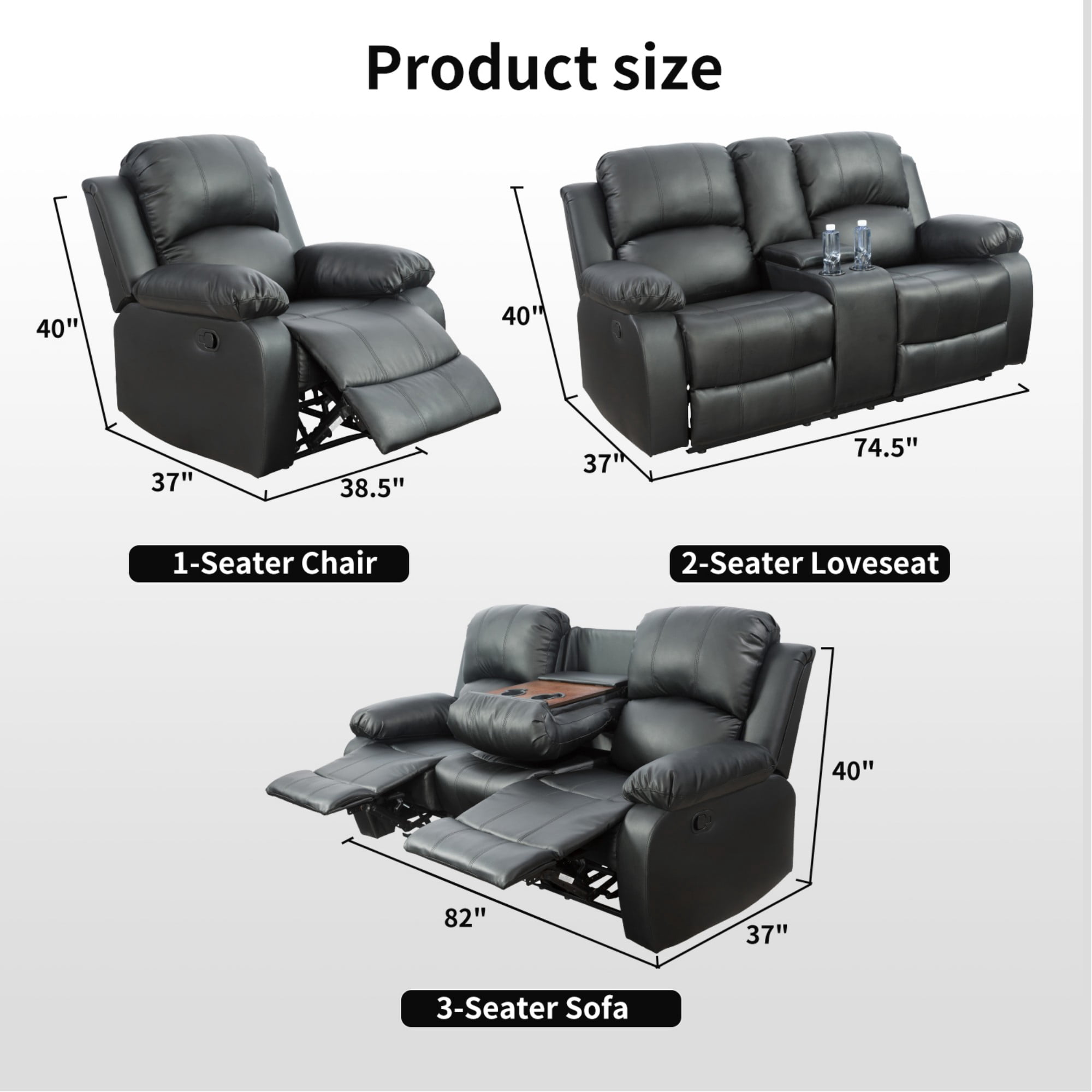 BSHTI Semi PU And PVC Unit Sofa Living Room Sofa, Double Layers Springs Structure, 110-115°Adjusting Backrest, Breathing Leather, Scratch-Resistant, Black