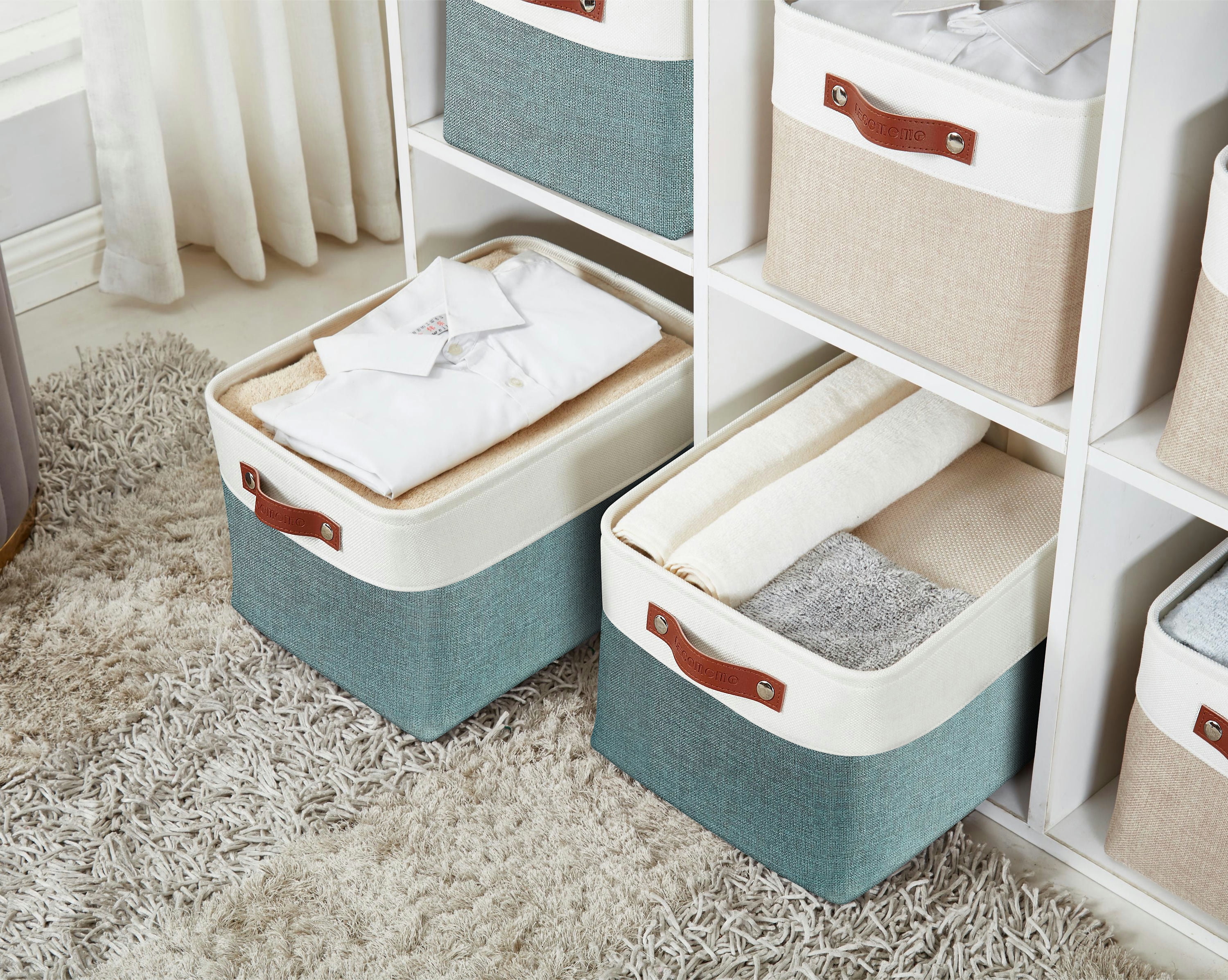 DECOMOMO Large Storage Baskets, Fabric Storage Bins, Baskets and Bins (Green and White, Set of 3)