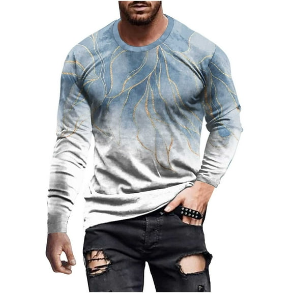 WREESH Mens Classic Slim Fit Tees Long Sleeve Crew Neck Pullover Color Block Print Undershirt Casual Soft Slim T Shirt Blue