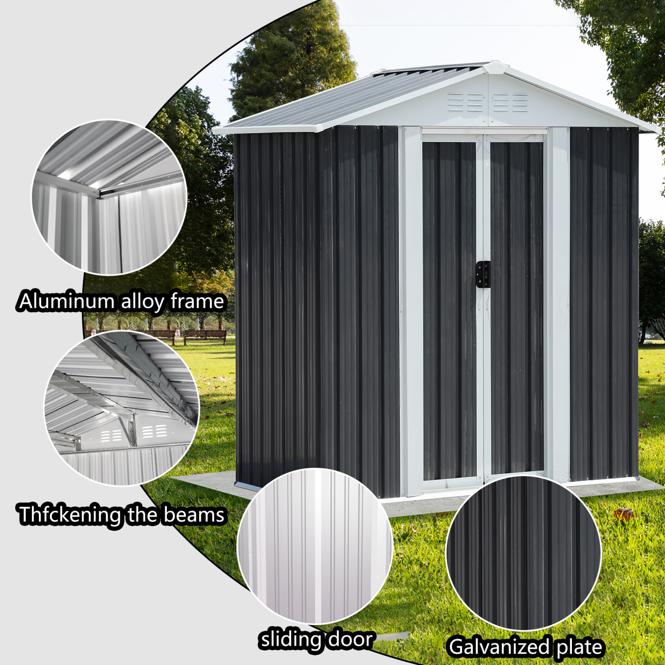 5x3 FT Outdoor Storage Shed with Lockable Door and Sliding Doors, Metal Frame Garden Shed with Sloping Roof, Vents, Waterproof Tool Shed for Backyard Patio Lawn, Vents, Grey