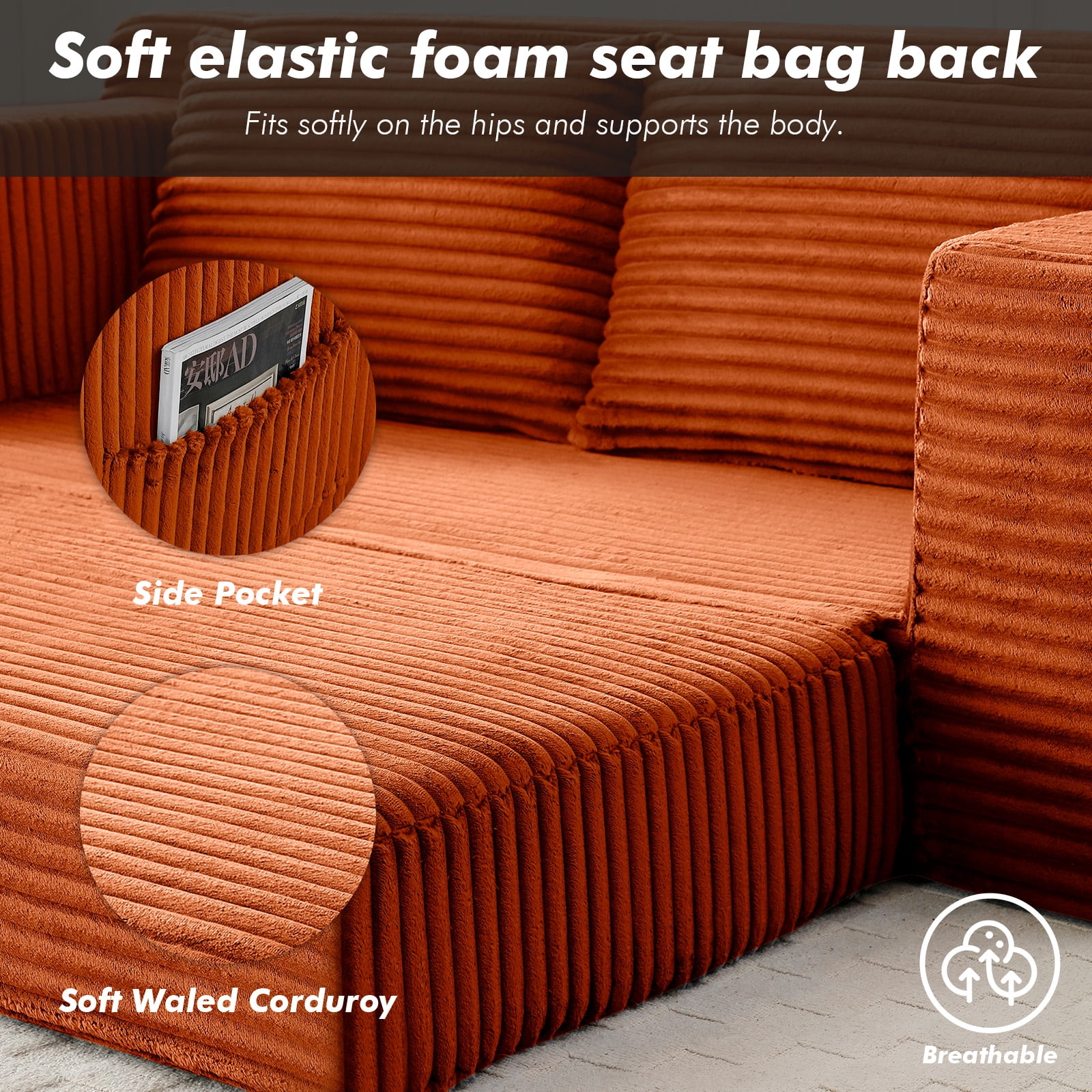 Memory Foam Cloud Sofa Bed 2-in-1 Couches No Assembly Corduroy Small Space Apartment Living Room,orange