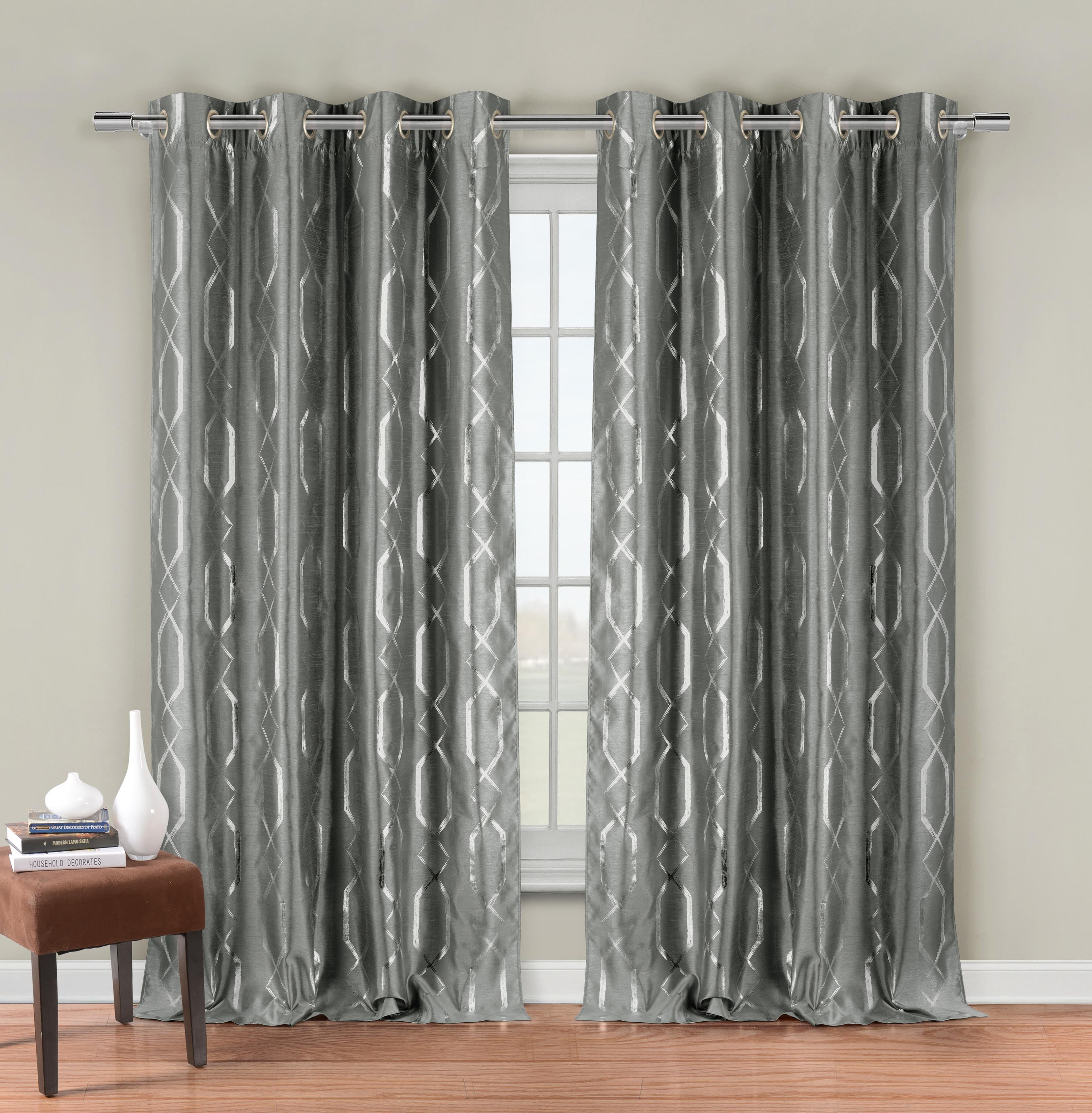 Two 2 Silver Gray Faux Silk Grommet Window Curtain  
