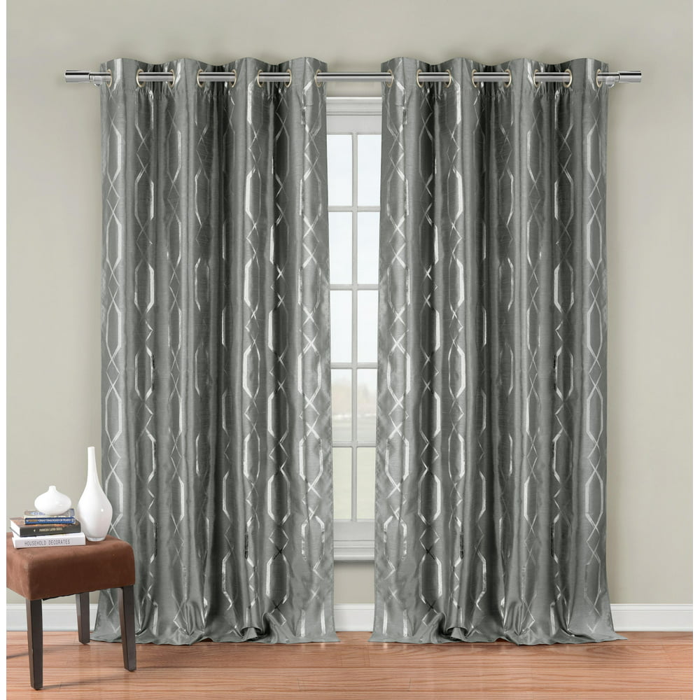 Two (2) Silver Gray Faux Silk Grommet Window Curtain Panels: Silver ...