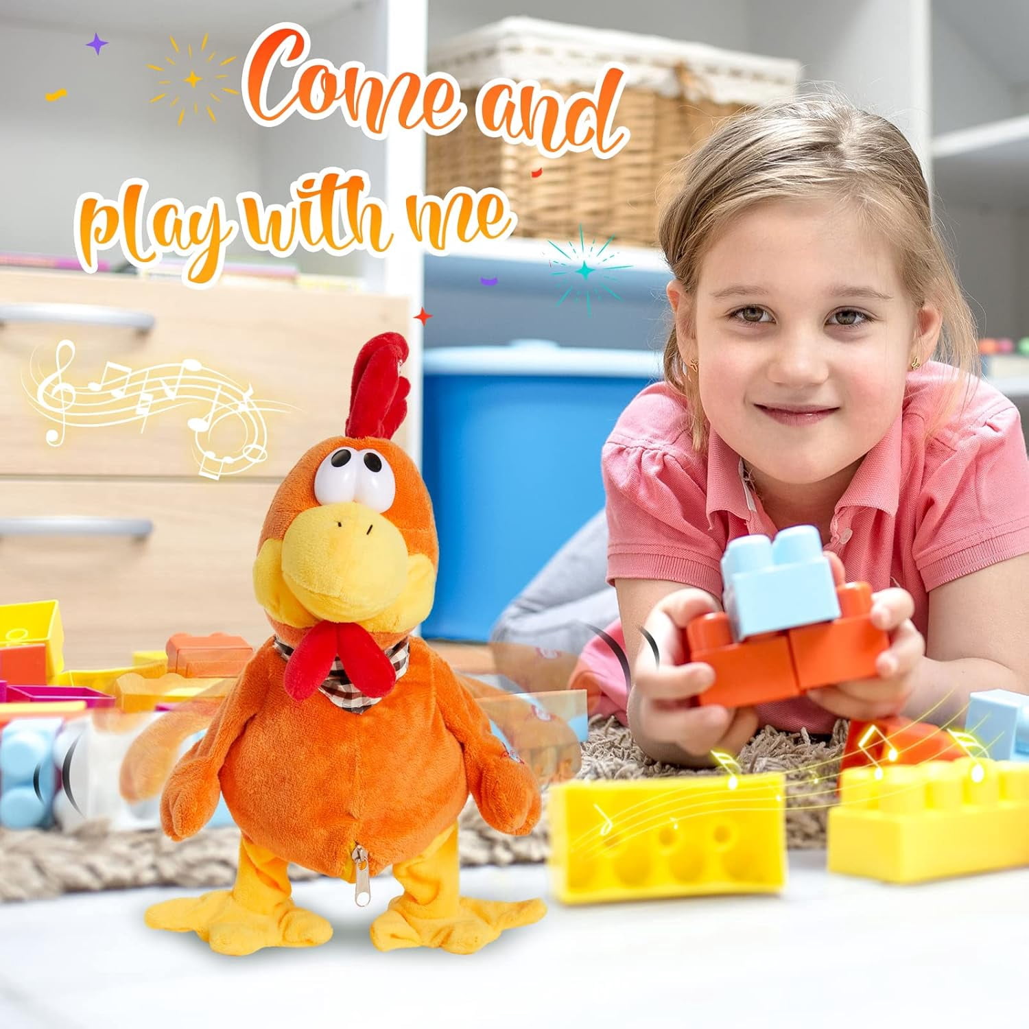 Waving Rooster Plush Toy wCozyWorld 15" Electronic Squawking Chicken Toy, Easter Chicken Stuffed Animal Interactive Musical Walking Singingith Bib Present for Kids Boys Girls Halloween  Day