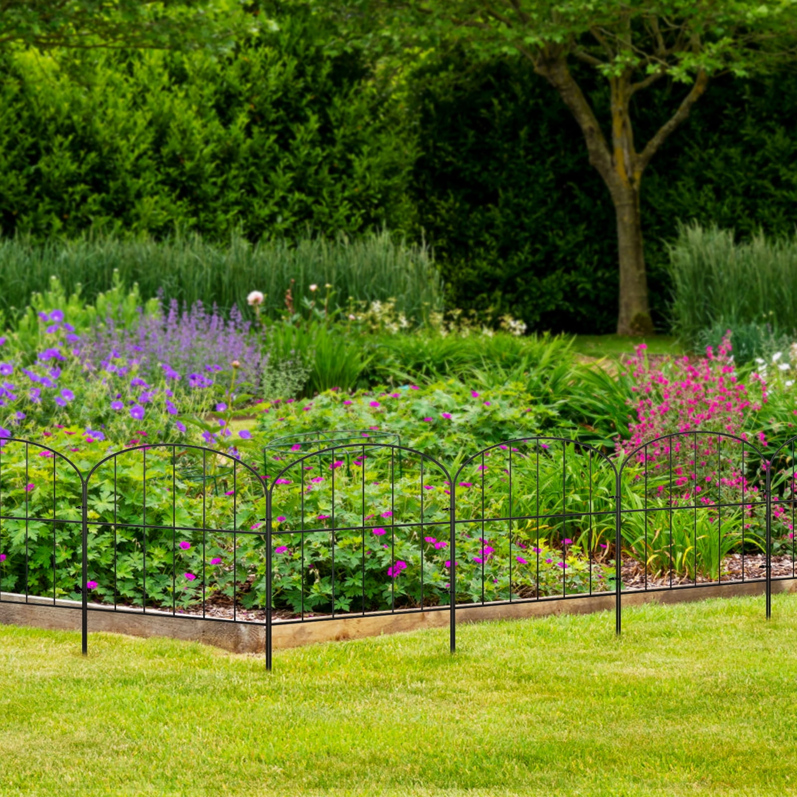 Black Arched Garden Fence 10 Panels, 10ft - No-Dig Outdoor Decorative Border for Pets & Plants