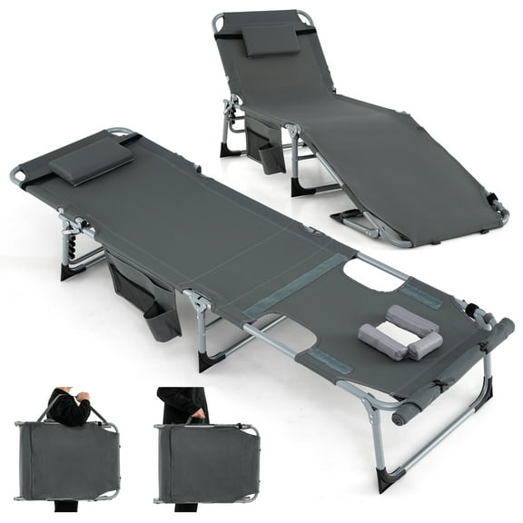Gymax Outdoor Folding Chaise 5-Position Lounge Chair w/ Face Hole & Adjustable Footrest Gray