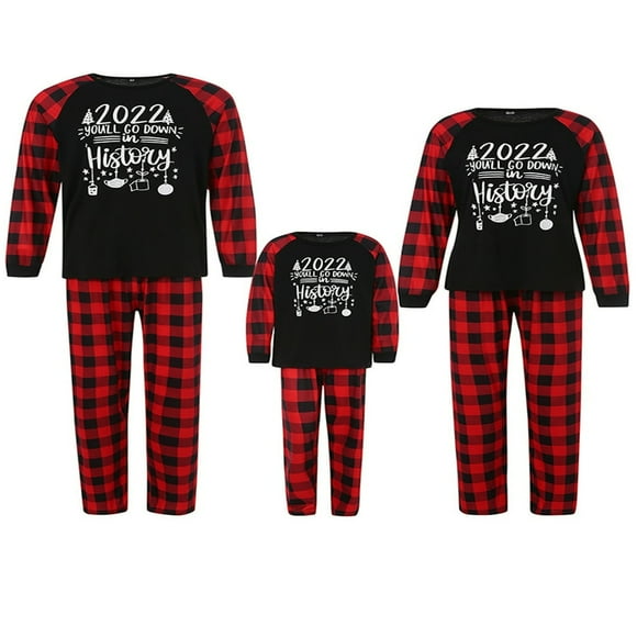 MesaSe Christmas Family Matching Pajamas Set Letter Print Long Sleeve Tops Plaid Pants Sleepwear Loungewear