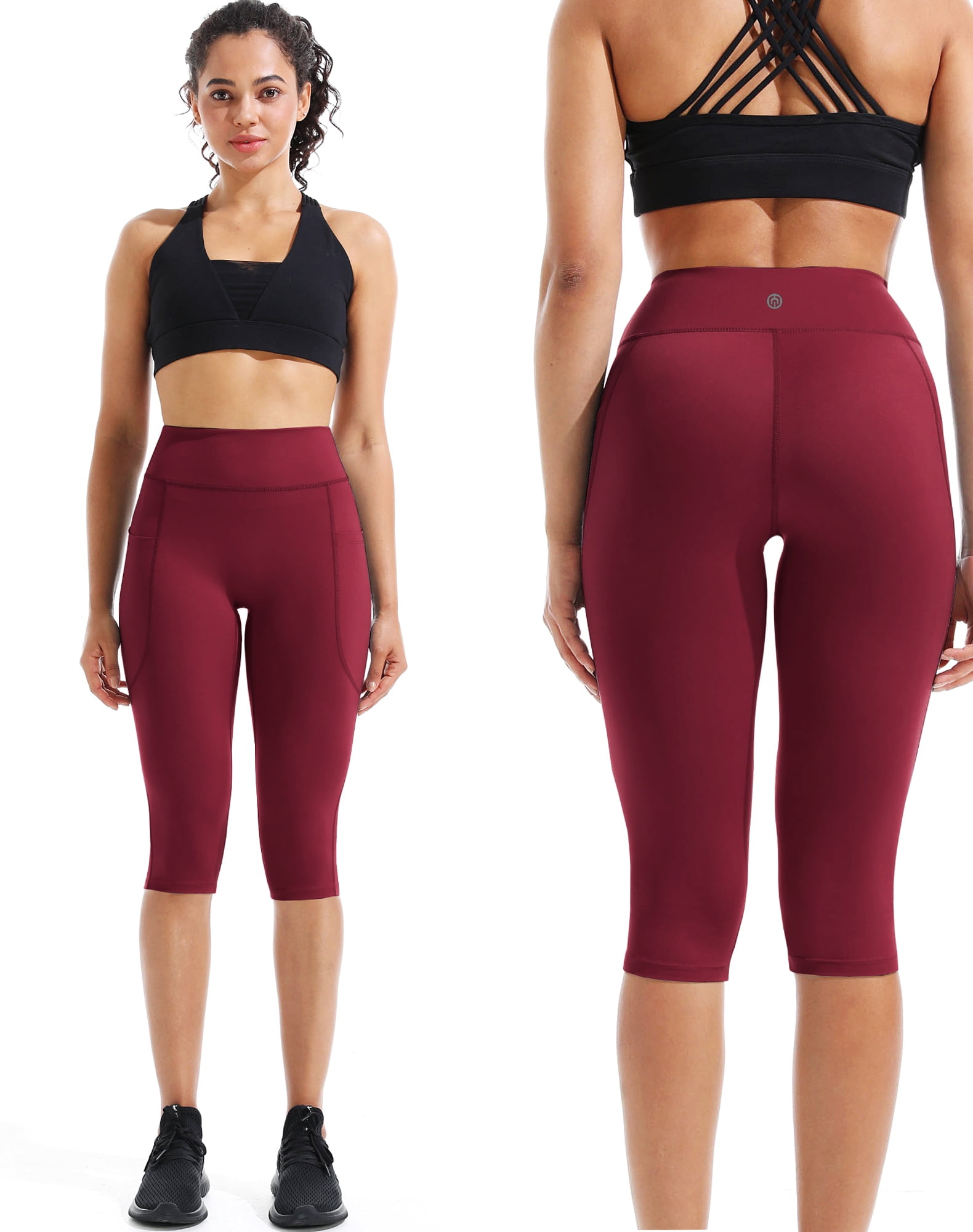 NELEUS Womens Yoga Capris Leggings For Workout With Pockets Tummy Control High Waist,Black+Dark Navy Blue+Red,US Size XL