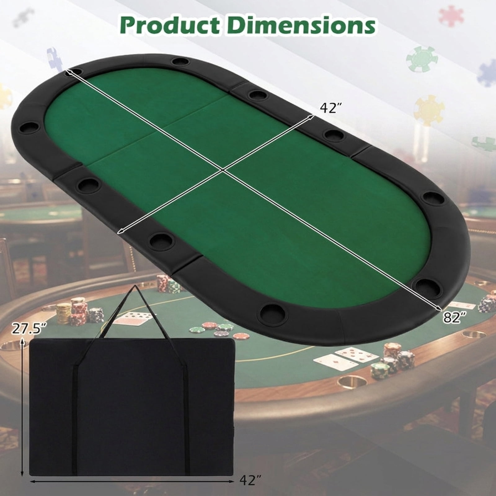 Redsmile 84 x 42 Inch 10-Player Foldable Poker Table Top, Portable Padded Card Game Table Topper with 10 Cup Holders and Carrying Bag, Folding Poker Table Top for Home Party, Green