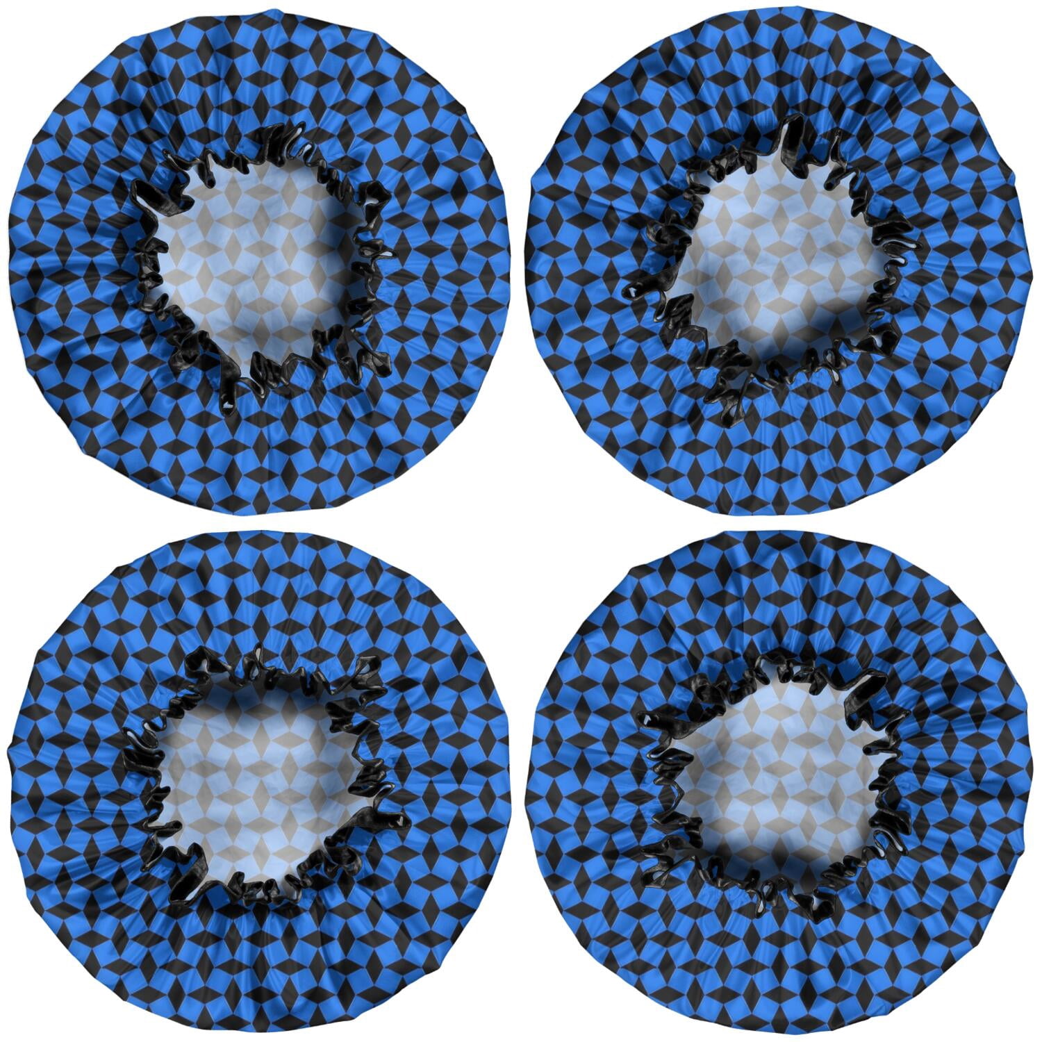 Shower Caps,Blue Black Geometric Pattern Waterproof Shower Cap for Women 4 Pieces,Double Reusable Hair Cover for Shower PEVA Elastic Stretch Hem