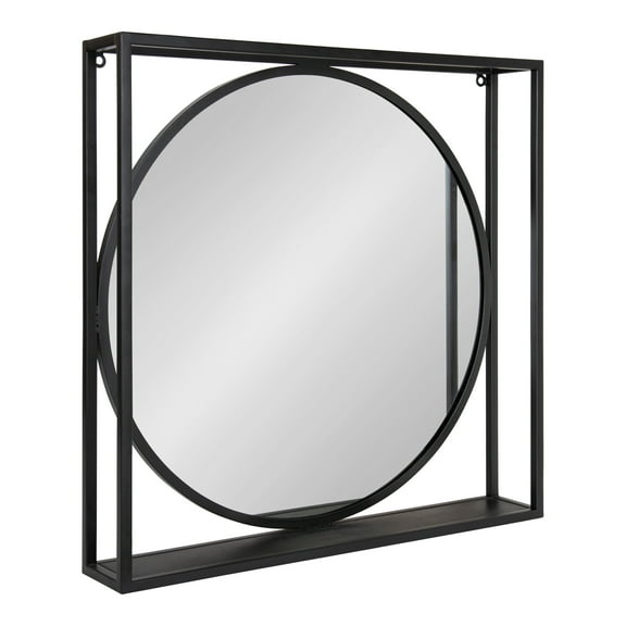 Kate and Laurel Metal McCauley Wall-Mounted Mirror with Wooden Shelf, 24" x 24", Black, Modern Accent For Wall