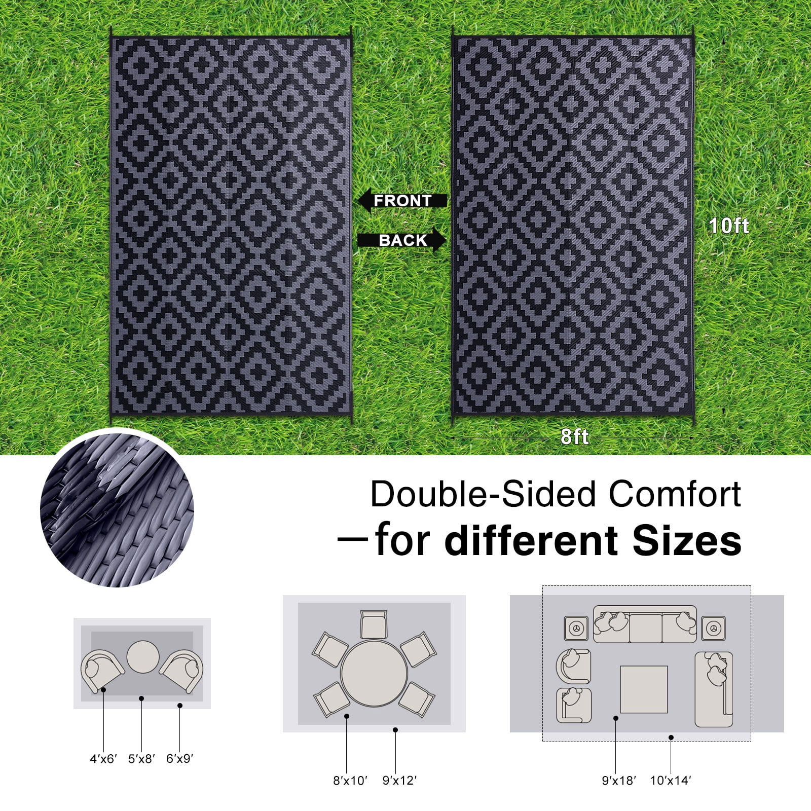 Smiry Outdoor Rug 8x10, Waterproof Reversible Plastic Outdoor Mat, Indoor Outdoor Rugs for Patio, RV, Deck, Porch, Black & Grey