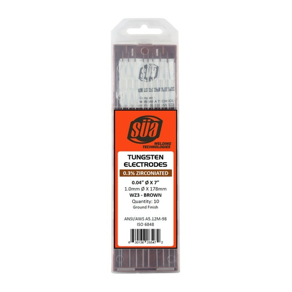 SÜA - 0.3% Zirconiated Tungsten Electrode - TIG Welding - 0.04" x 7" - (Brown Tip) - (10 PACK)