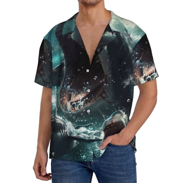 Balery Wave Ocean Animal Shark Camisa Casual de Manga Corta con Botones para Hombre, Texturizada, Estilo Cubano, para Playa, Verano-Small