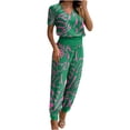thumbnail image 2 of ICHUANYI Clearance Fashion Woman Round Neck Pattern Solid Short Sleeve Blouse +Loose Pockets Pants Sets(Green, M) ICHUANYI WER2023080813510, 2 of 6