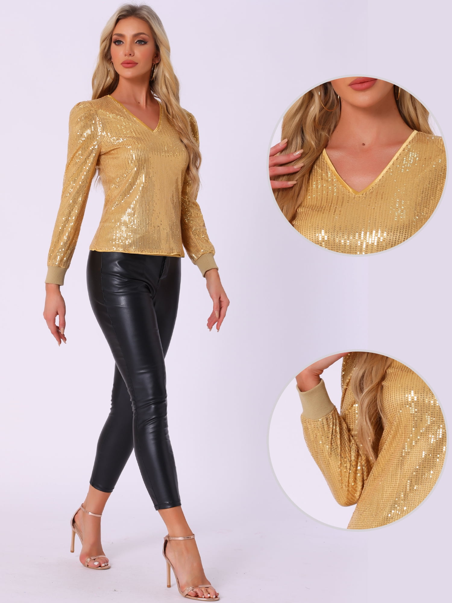DARING DIVA Women's Sparkly Sequin Top V Neck Blouse L Gold