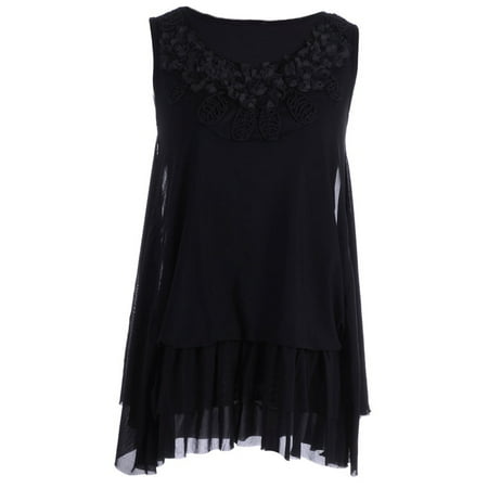 Sheer Black Lace Top - S/M Fit Black Romantic Look Lace Trim Sheer Overlay Ruffle Hem Top