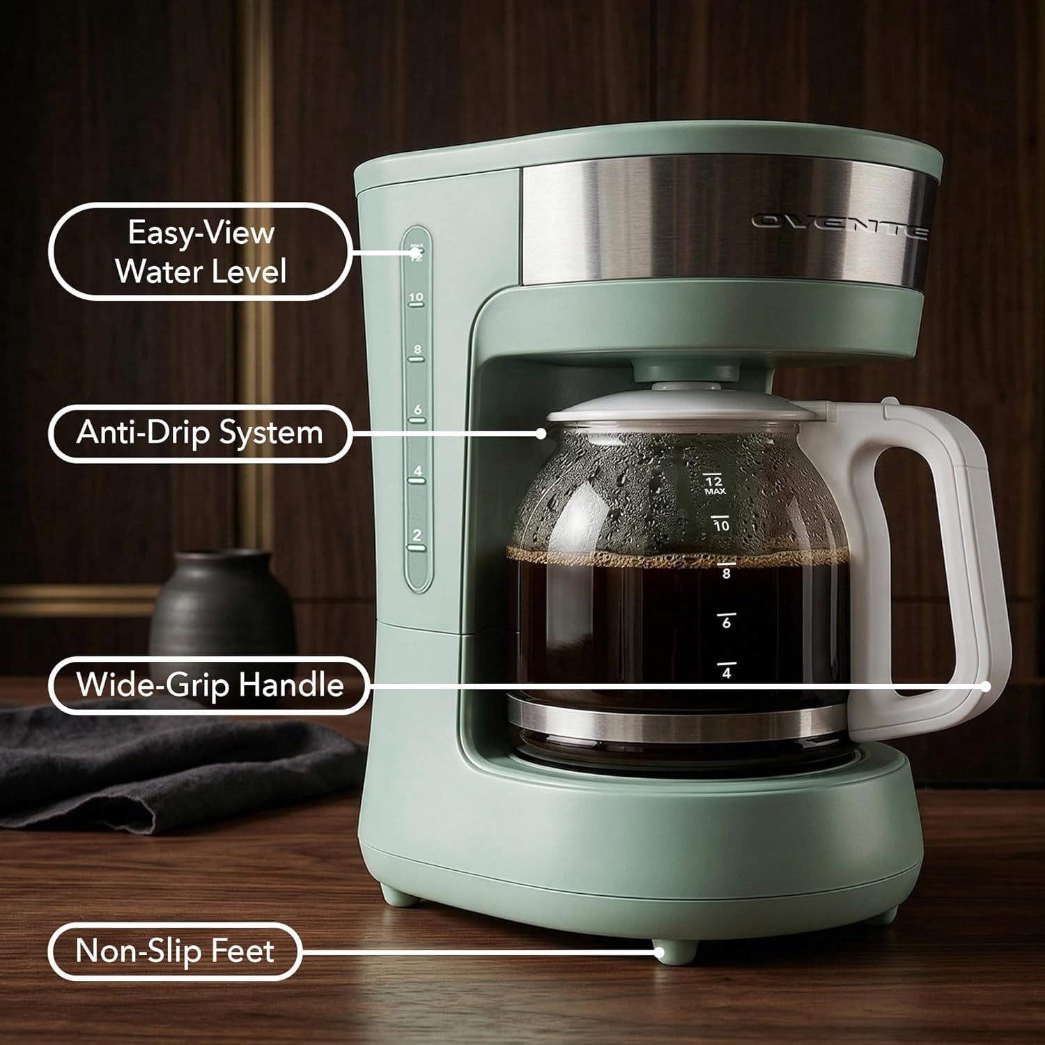 OVENTE 12-Cup Drip Coffee Maker with Borosilicate Glass Carafe, One-Touch Operation Machine, Anti-Drip System, Reusable Filter and Clear View Water Gauge, Ideal for Home or Office, Light Teal CM412LB
