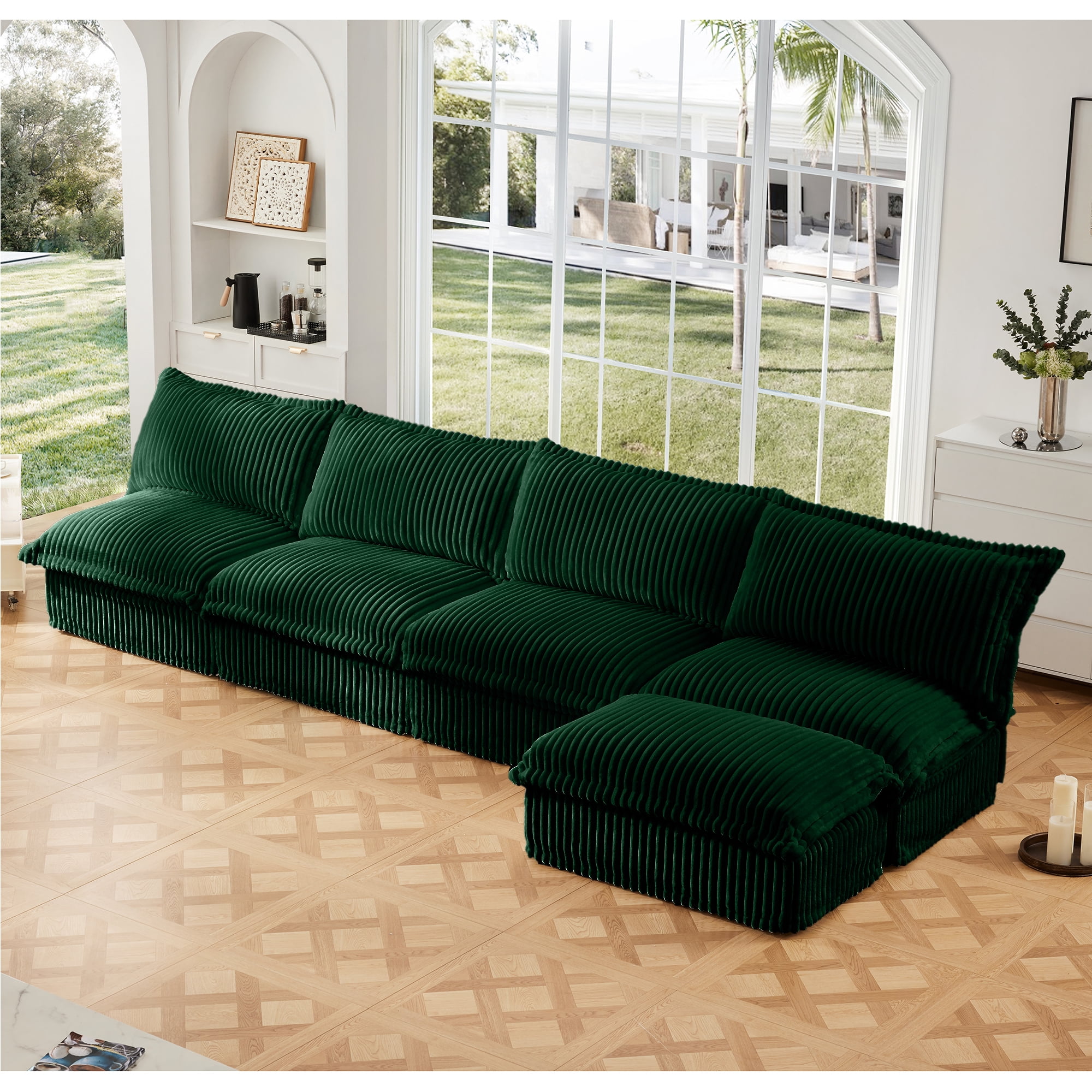 Gewnee Modern Armless Oversize 4 Seater Deep Seat Sectional Sofa With Ottoman,Free Combination L Shape Green Corduroy Sofa Couch For Living Room