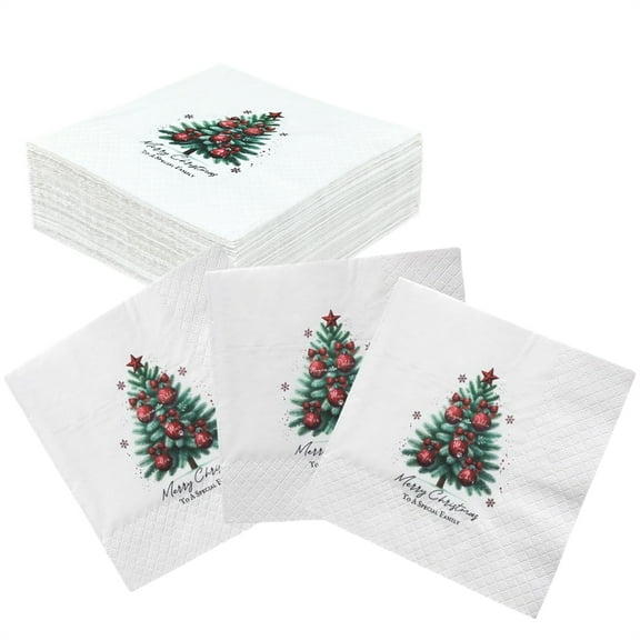 Scheam 50 Pcs Christmas Dinner Napkins Premium Square Cocktail Napkins Xmas Tree Printed Personalized Napkins Decorative Paper for Home Restaurant Holiday Party Table (White)