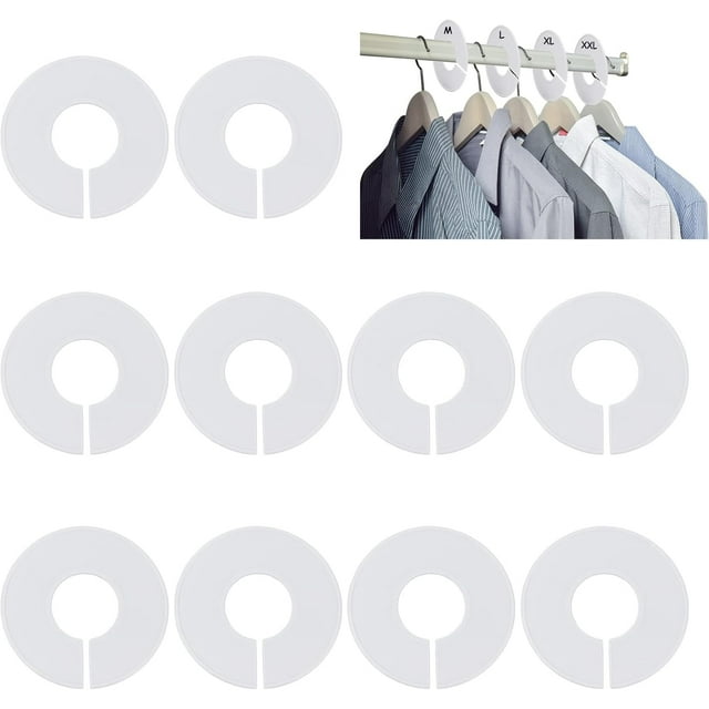 10 separadores redondos de tallas para ropa de 90 mm, blancos, de plástico, para percheros, con perchas grandes en blanco y un rotulador.