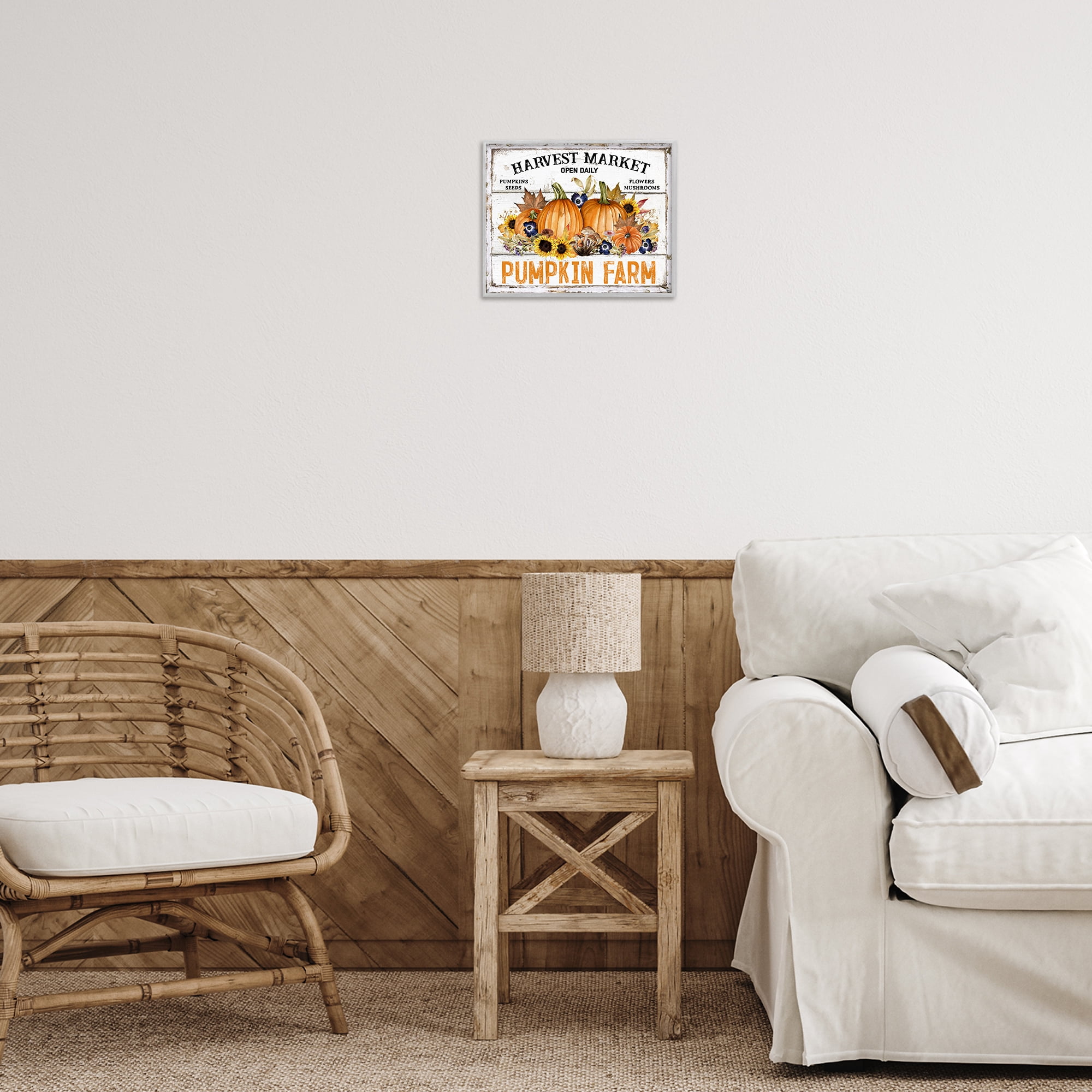 Stupell Industries Pumpkin Farm with Sunflowers Holiday Painting Gray Framed Art Prints Wall Art, 14 x 11