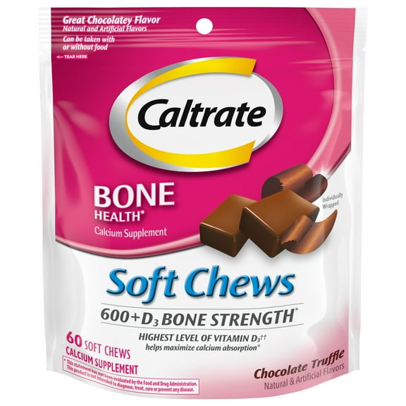 Caltrate Soft Chews 600 D3 Calcium Vitamin D Supplement, Chocolate Truffle - 60 Count