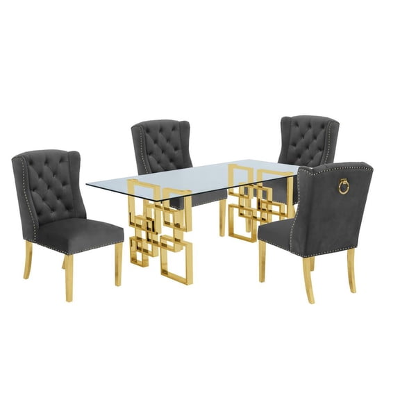Rectangular Clear Glass 5pc Dining Set with Gold Stainless Steel Base