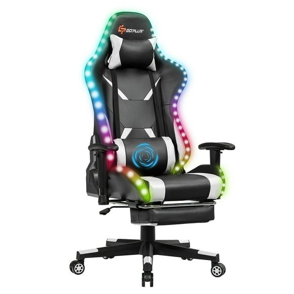 Goplus Gaming Racing Chair w/RGB LED Lights &Massage Lumbar Support White