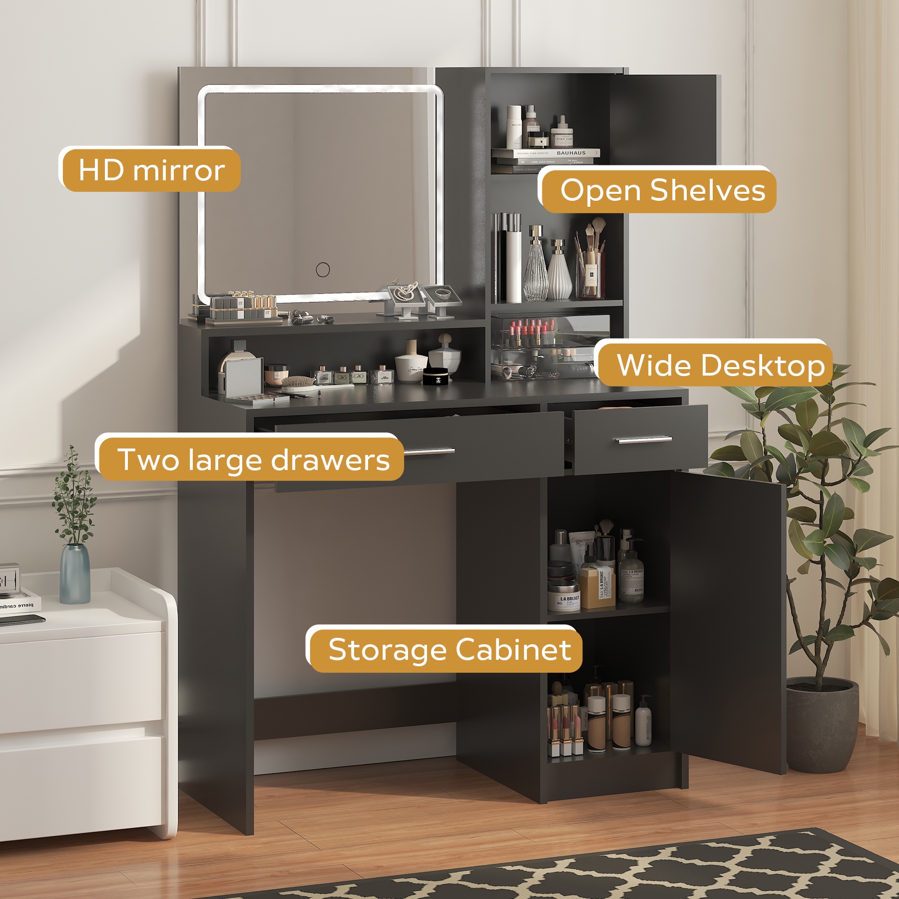 PORKISS Vanity Desk with Mirror and Lights, 3 Lighting Modes Adjustable, Wooden Makeup Vanity with 2 Large Drawers and 3 Level Storage Dresser, Dressing Table for Bedroom, Black