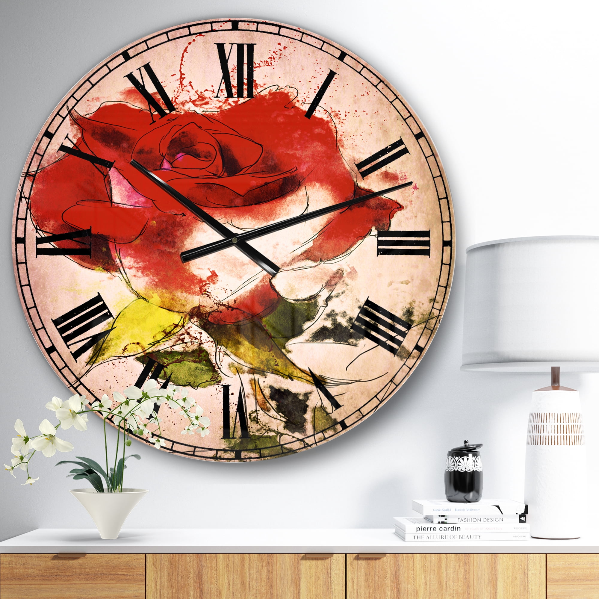 Designart 'Hand drawn Watercolor Rose Flower' Traditional wall clock