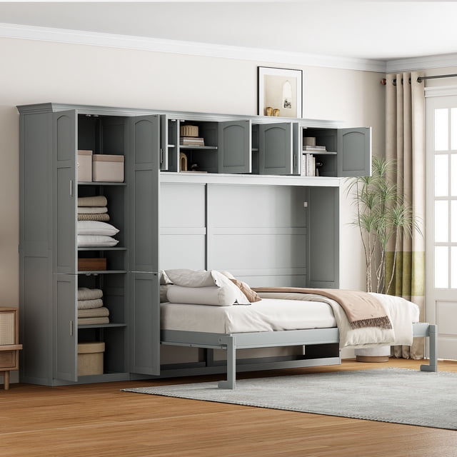 Velmero Queen Size Space-Saving Murphy Bed System with Integrated Cabinets – Modern Wall Bed Solution,Gray