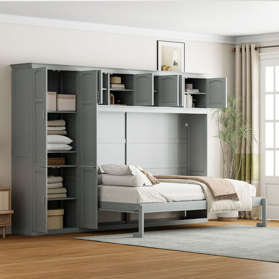 Generic Queen Size Murphy Bed Wall Bed with Cabinets,Gray