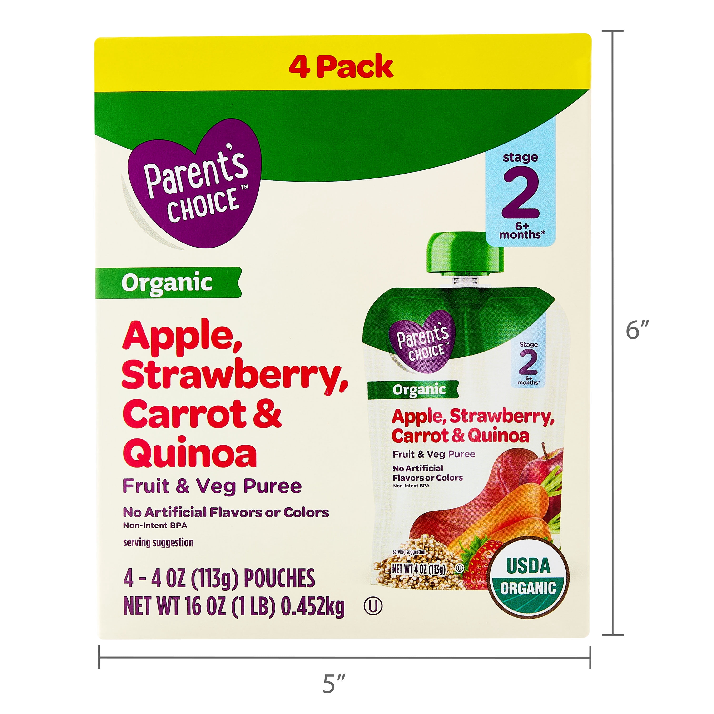 (3 pack) Parent's Choice Organic Stage 2 Baby Food Apple, Strawberry, Carrot & Quinoa, 4 oz Pouches, 4 Pack