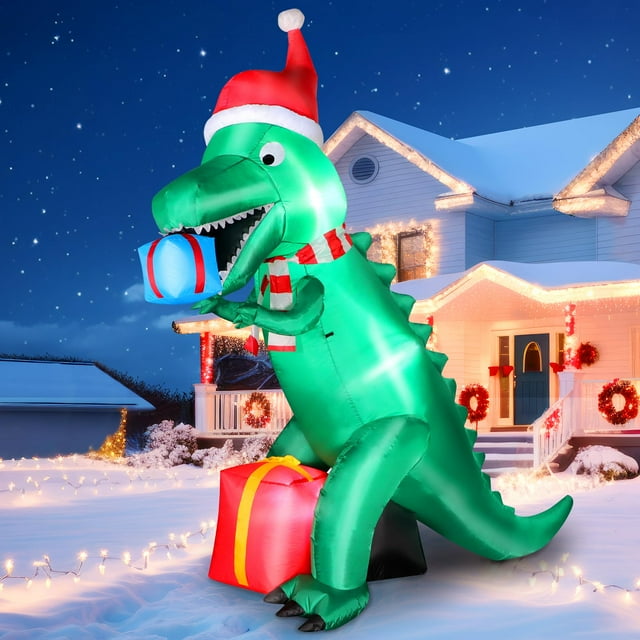 Dinosaurio inflable navideño FunFanso de 7 pies con luces LED