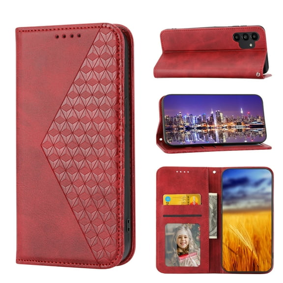 Dteck Case for Samsung Galaxy A13 5G,Magnetic Leather Card Slots Wallet Case Shockproof Rubber Kickstand Cover with Wrist Strap,Red