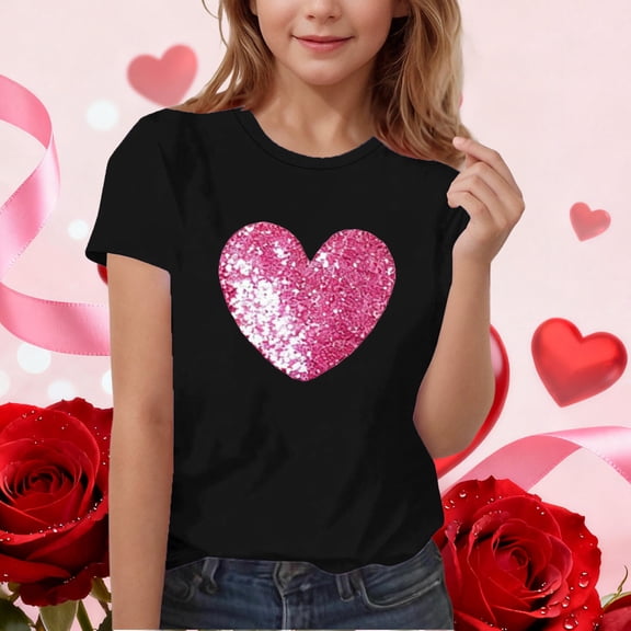 ITSAME Girls Graphic Tees, Short Sleeve Crewneck Heart Graphic Fashion Pullover T-shirt Black 3-4T